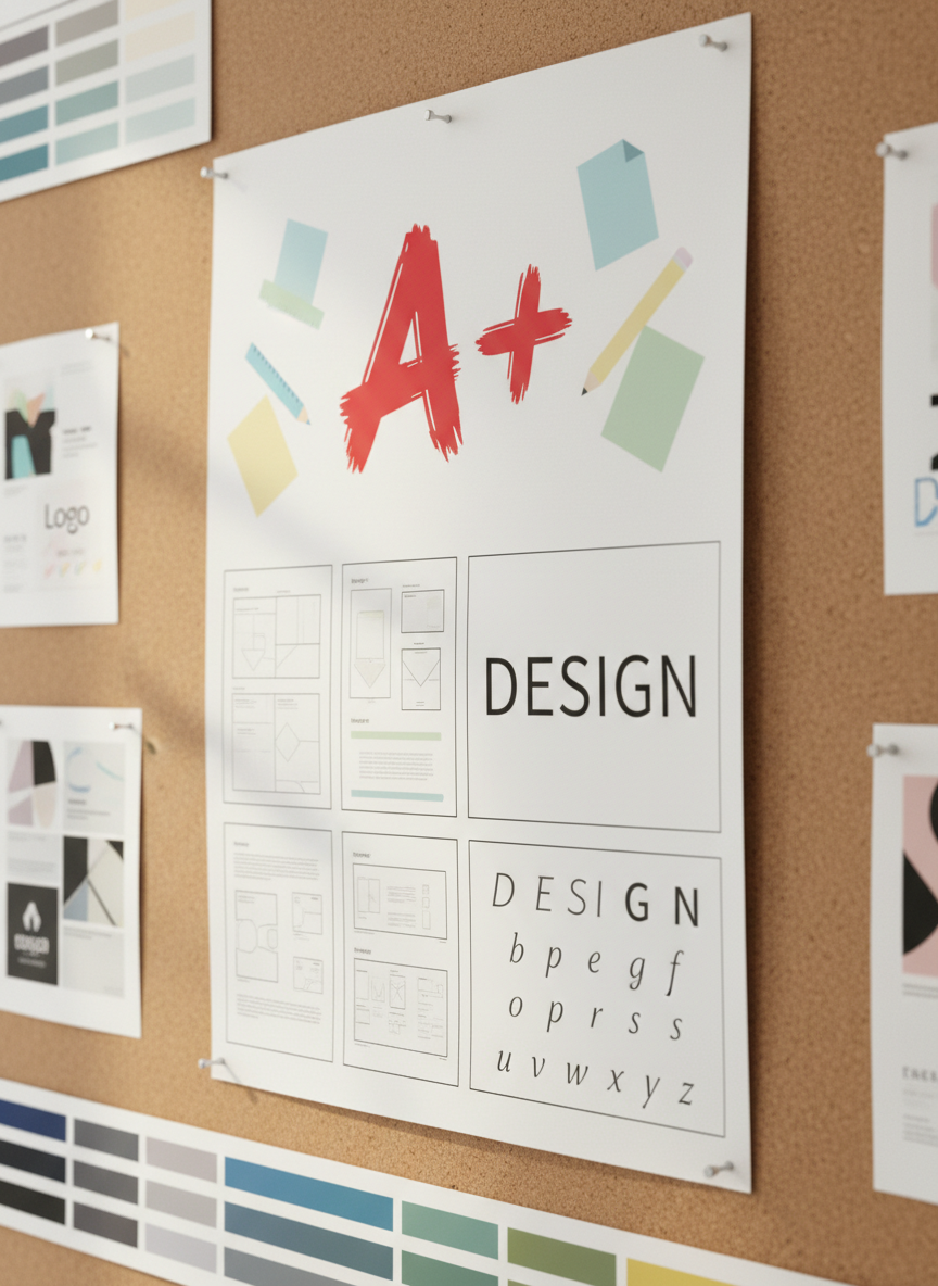 An oversized pristine white poster pinned to a matte corkboard wall, featuring a bold, playful A+ at the top in glossy red, surrounded by clean icon-style illustrations of rulers, pencils, and paper sheets in flat pastel colors. Below, a grid of tidy layout options and typography samples demonstrates design versatility. The corkboard is bordered by neatly aligned color swatch strips and pinned mockups of logo explorations. Warm, indirect daylight from the left creates soft side lighting, adding gentle texture to the cork and a slight sheen to the poster’s surface. Photographic realism, slightly angled perspective from the right with moderate depth of field keeps the main poster sharp while subtly blurring the outer edges, creating a confident, studious yet fun mood ideal for showcasing academic-quality design work.