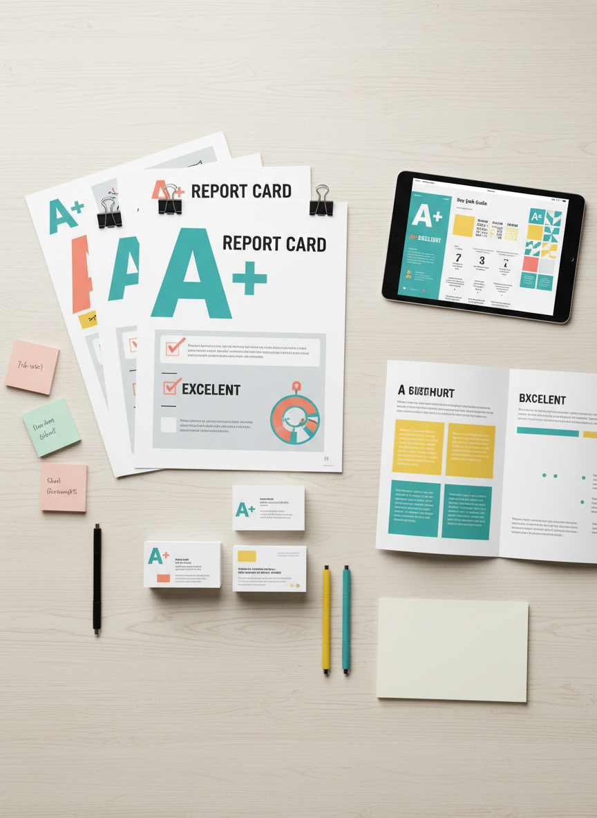 A perfectly arranged flat lay of printed design pieces on a pale wooden tabletop: bold A+ report card-style posters, clean business cards, a minimalist brochure, and a tablet displaying a colorful brand style guide. Each piece features tidy typography, generous white space, and cheerful accent colors like teal, coral, and sunny yellow. Metallic binder clips, pastel sticky notes, and fine-tip pens frame the work, hinting at meticulous process. Overhead, soft studio lighting creates even illumination with subtle shadows adding depth between layers of paper. Captured from a bird’s-eye view in photographic realism, the composition feels organized yet playful, like a neatly prepared presentation guaranteed to impress a teacher, emphasizing professionalism wrapped in fun, academic-inspired design.