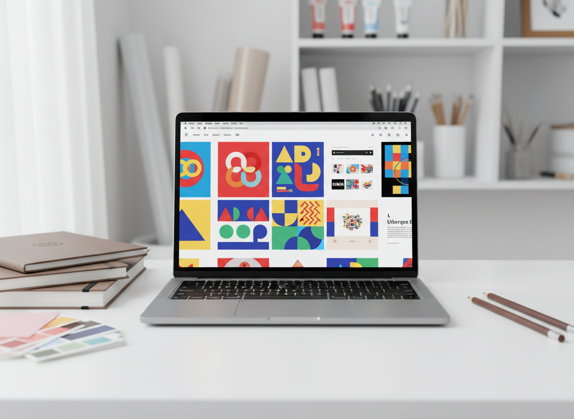 A sleek, silver laptop open on a spotless white desk, its high-resolution screen displaying a vibrant grid of polished graphic design mockups: logos, posters, and minimal web layouts in bright primary colors with playful geometric shapes. Around the laptop lie neatly stacked sketchbooks, color swatch cards, and a couple of sharpened pencils arranged with deliberate precision. The scene is set in a modern studio with a blurred backdrop of clean shelving and neatly organized design tools. Soft, diffused daylight from an unseen window casts gentle reflections on the laptop’s metallic surface. Photographic realism, eye-level composition with a shallow depth of field emphasizes the digital artwork, conveying a crisp, modern, and playful atmosphere perfect for a graphic design business homepage.